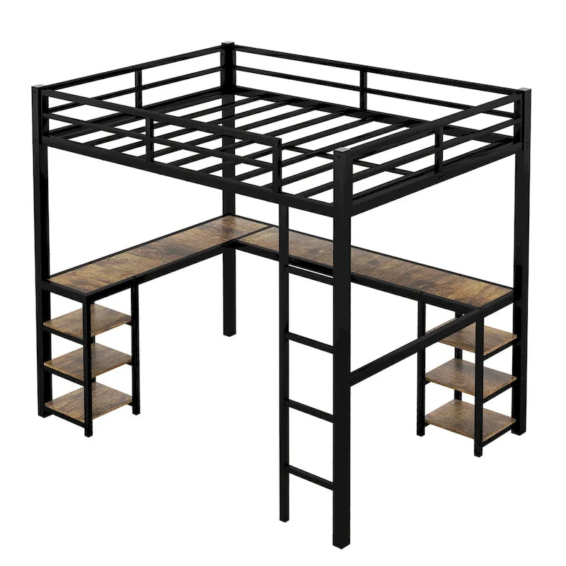 Full Metal Loft Bed with Desk and Shelves, Loft Bed with Ladder and Guardrails, Loft Bed Frame