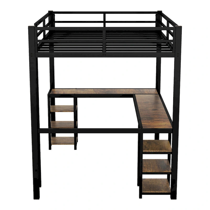 Full Metal Loft Bed with Desk and Shelves, Loft Bed with Ladder and Guardrails, Loft Bed Frame