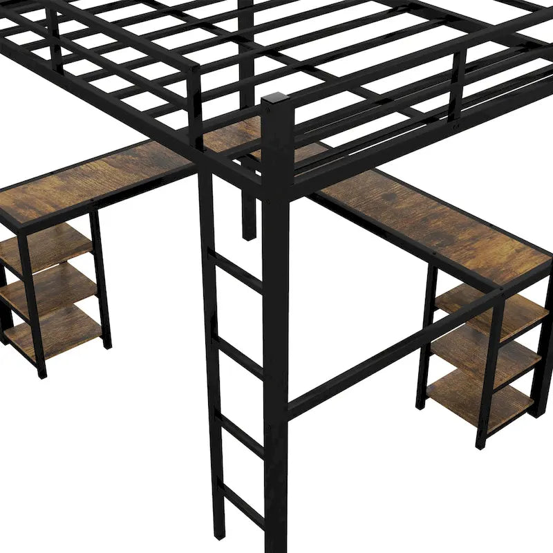 Full Metal Loft Bed with Desk and Shelves, Loft Bed with Ladder and Guardrails, Loft Bed Frame