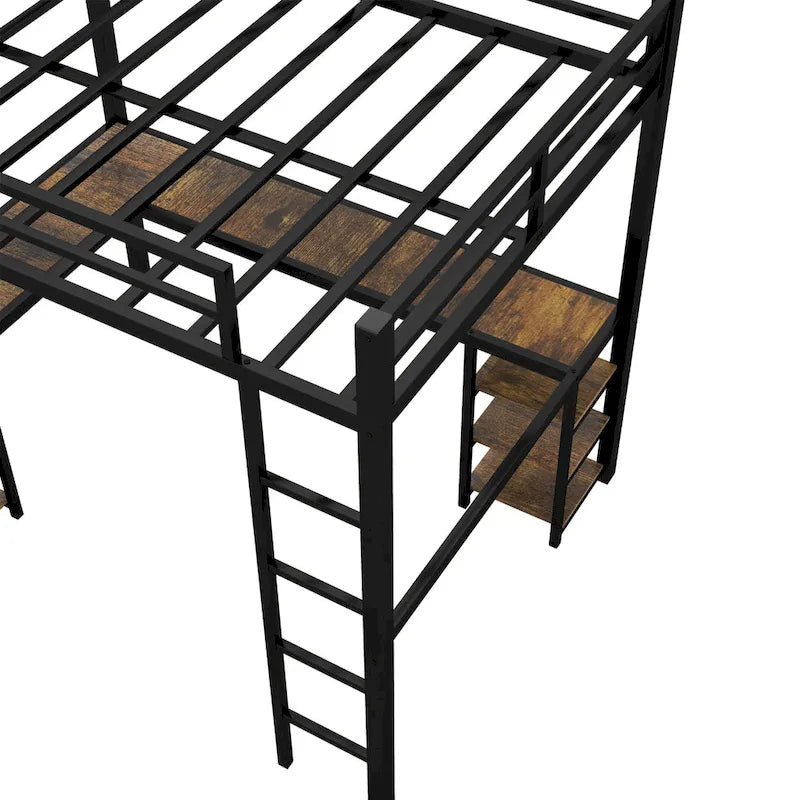 Full Metal Loft Bed with Desk and Shelves, Loft Bed with Ladder and Guardrails, Loft Bed Frame