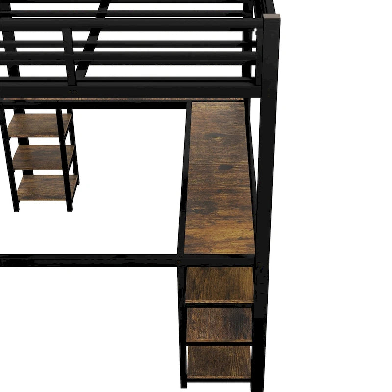 Full Metal Loft Bed with Desk and Shelves, Loft Bed with Ladder and Guardrails, Loft Bed Frame