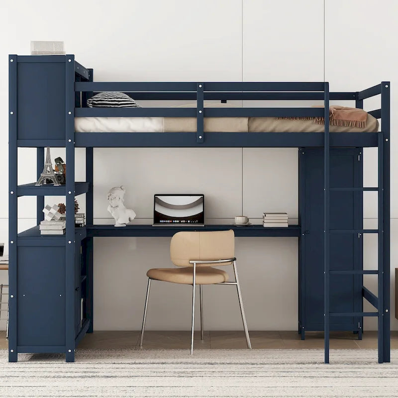 Wood Loft Bed with Cabinet and Bookshelf
