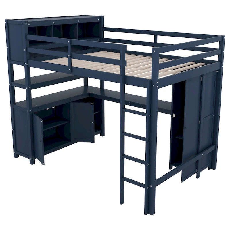 Wood Loft Bed with Cabinet and Bookshelf