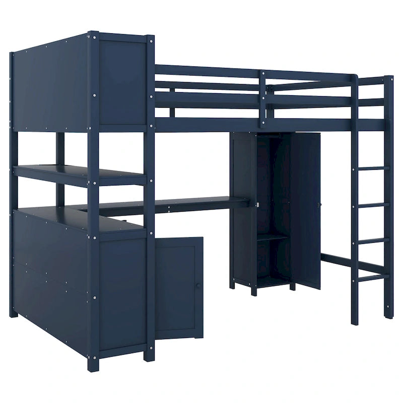Wood Loft Bed with Cabinet and Bookshelf