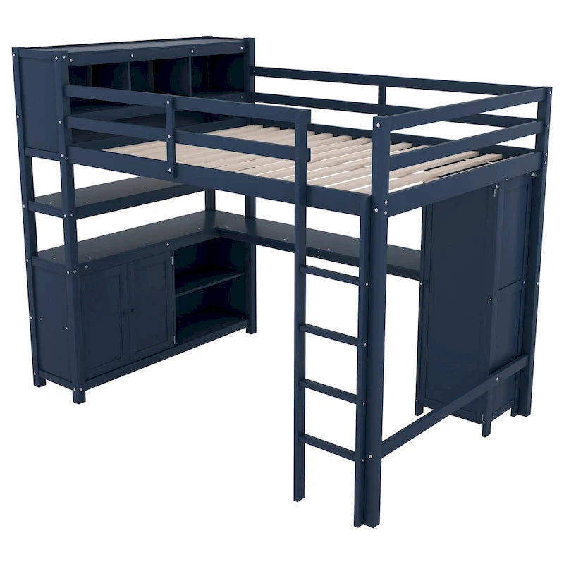 Wood Loft Bed with Cabinet and Bookshelf