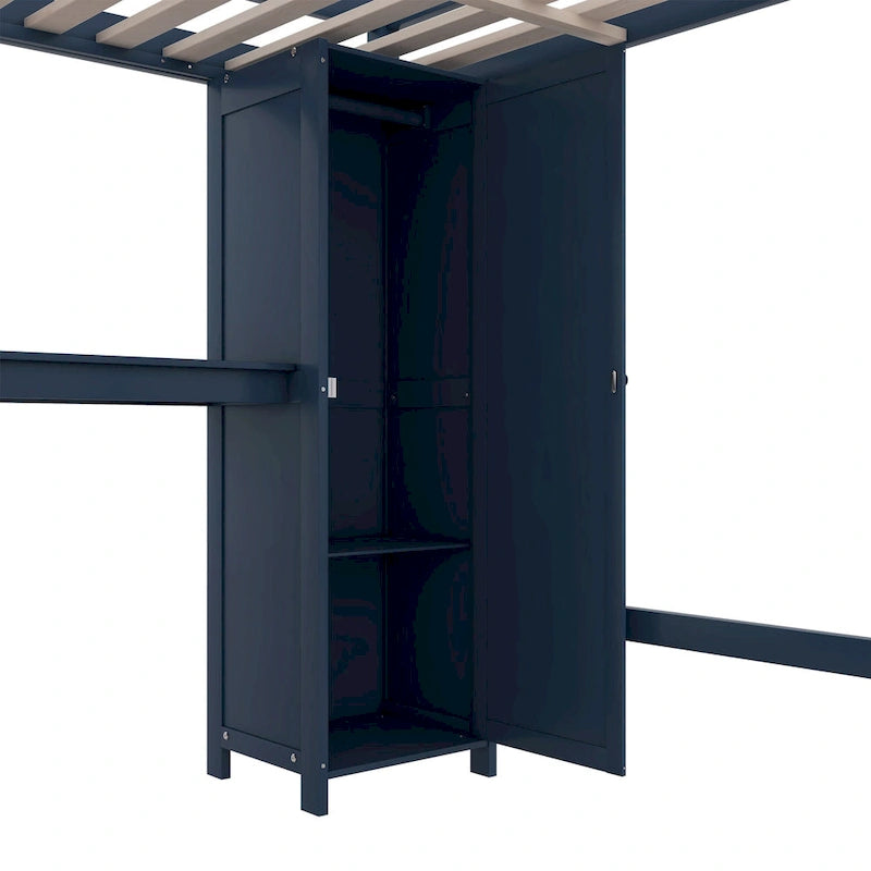 Wood Loft Bed with Cabinet and Bookshelf