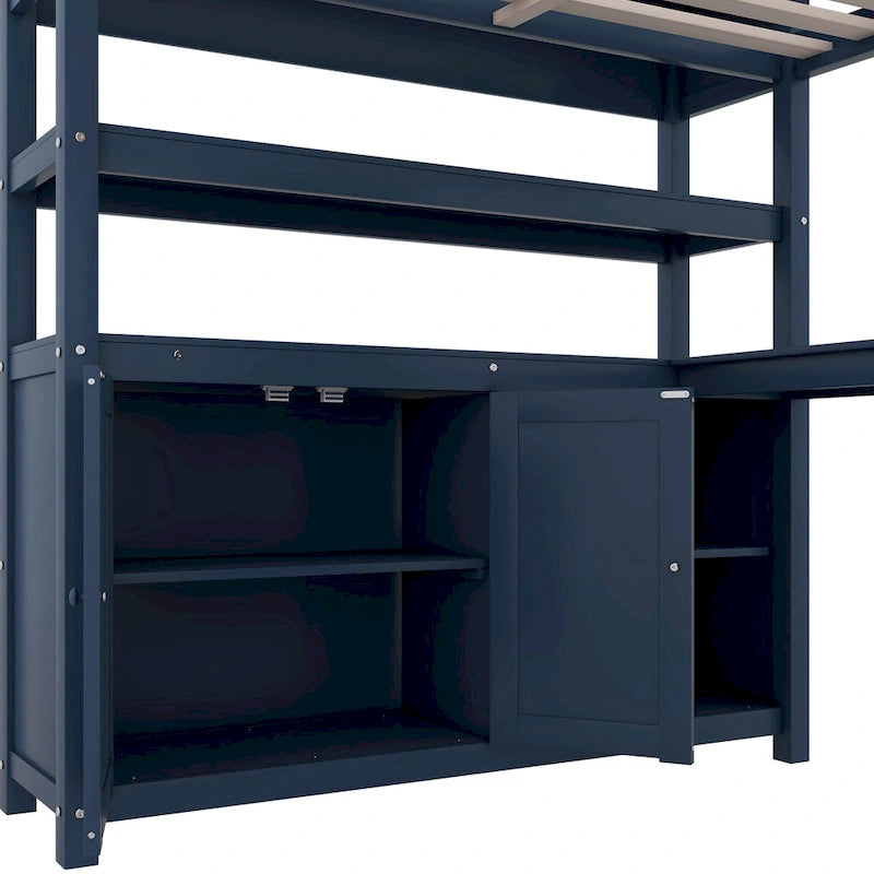 Wood Loft Bed with Cabinet and Bookshelf
