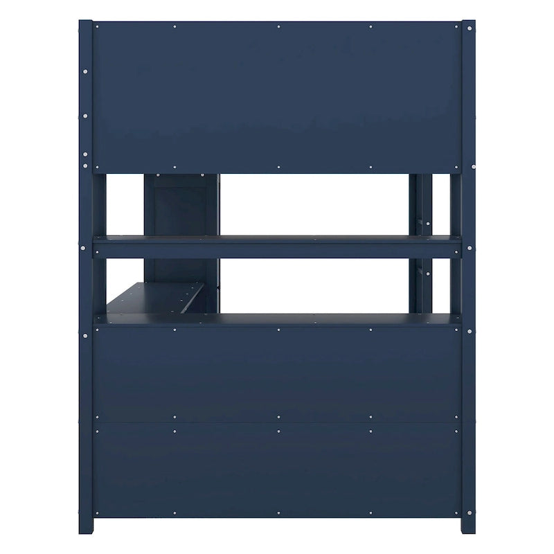 Wood Loft Bed with Cabinet and Bookshelf