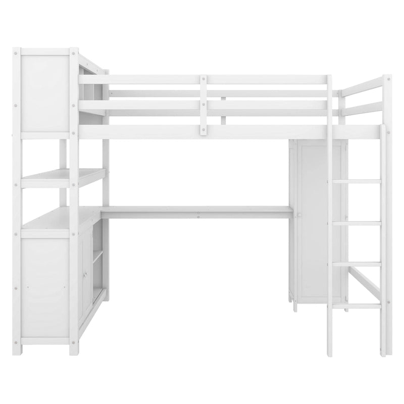 Wood Loft Bed with Cabinet and Bookshelf