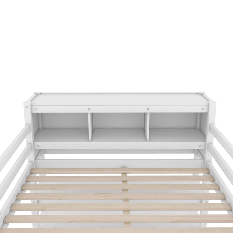 Wood Loft Bed with Cabinet and Bookshelf