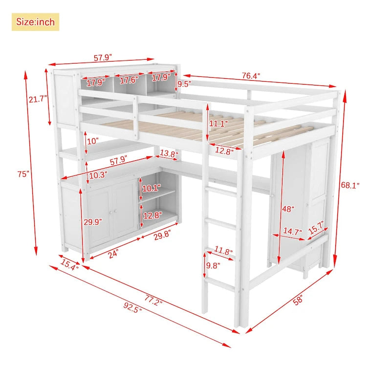 Wood Loft Bed with Cabinet and Bookshelf