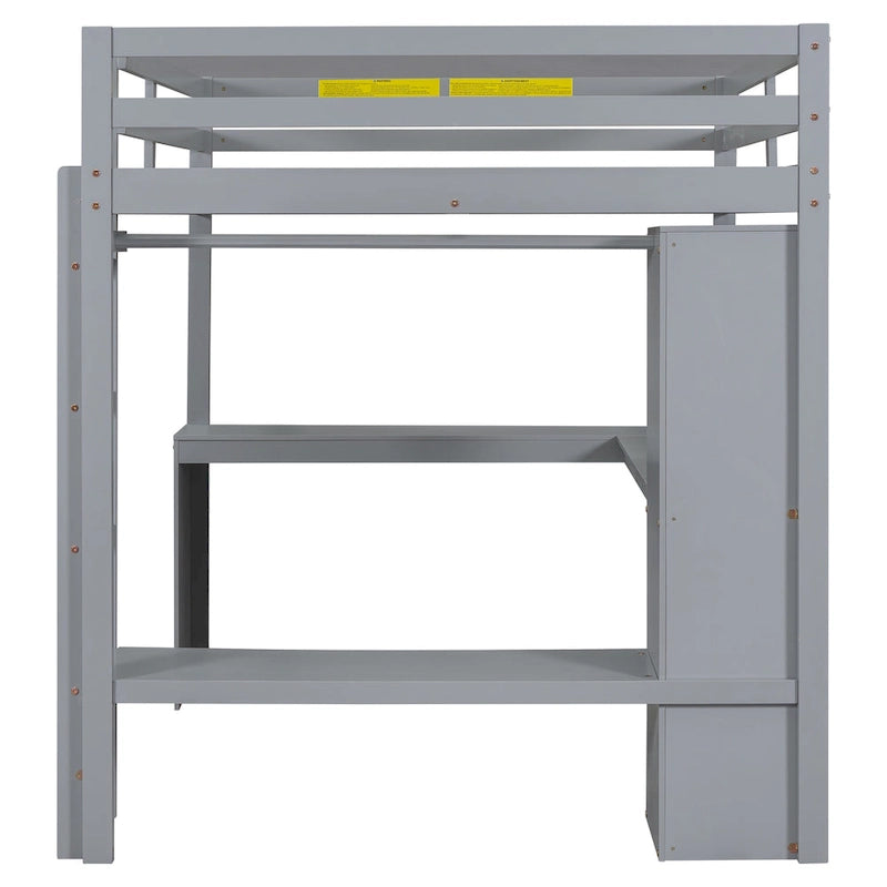 Full Size Loft Bed with L-shaped Desk, Wardrobe and Storage Shelves