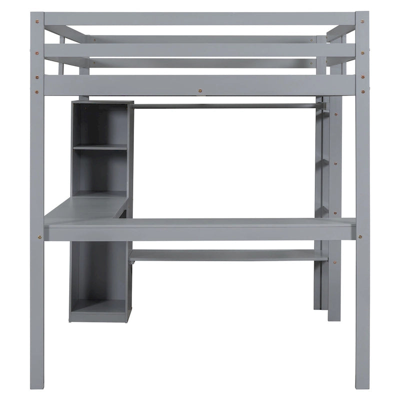 Full Size Loft Bed with L-shaped Desk, Wardrobe and Storage Shelves