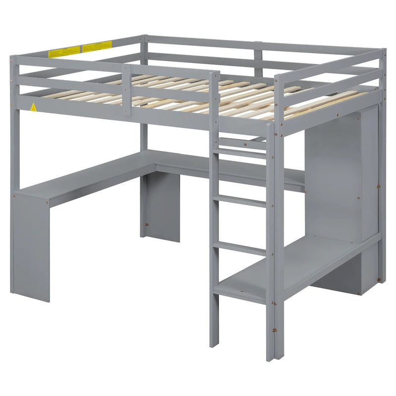 Full Size Loft Bed with L-shaped Desk, Wardrobe and Storage Shelves