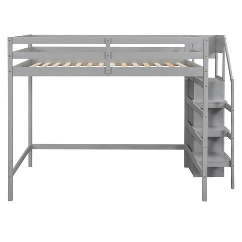 Full Size Loft Bed with Built-in Storage Wardrobe and Staircase