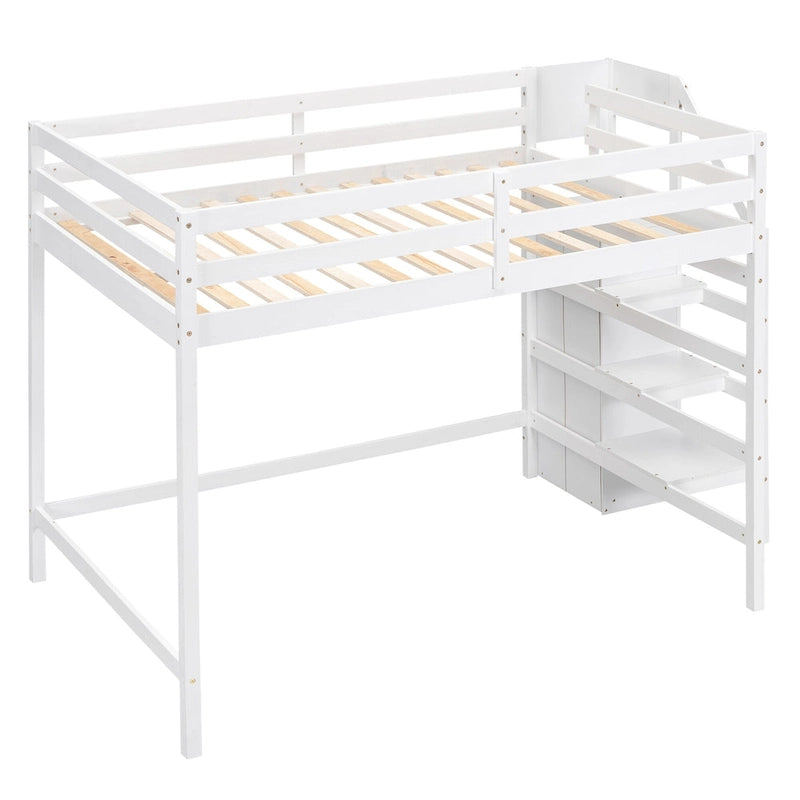 Full Size Loft Bed with Built-in Storage Wardrobe and Staircase