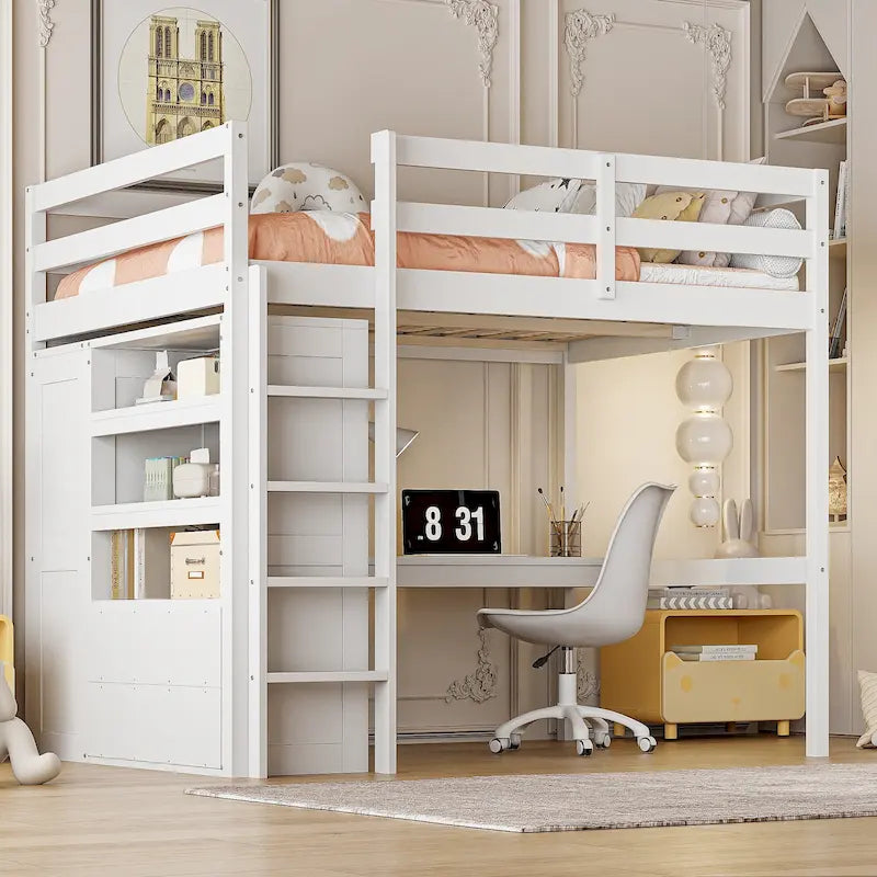 Lit mezzanine en bois double avec armoire, bureau, étagères de rangement et tiroirs intégrés