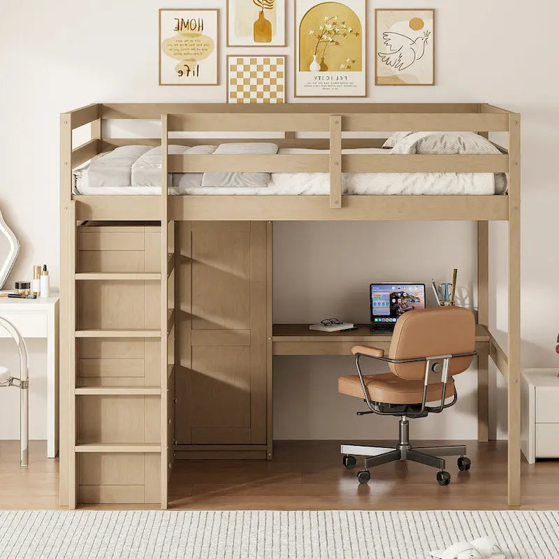 Wood Full Size Loft Bed with Built-in Wardrobe, Desk, Storage Shelves and Drawers