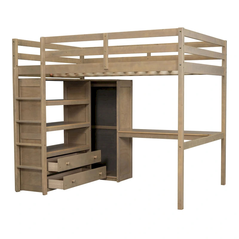 Wood Full Size Loft Bed with Built-in Wardrobe, Desk, Storage Shelves and Drawers