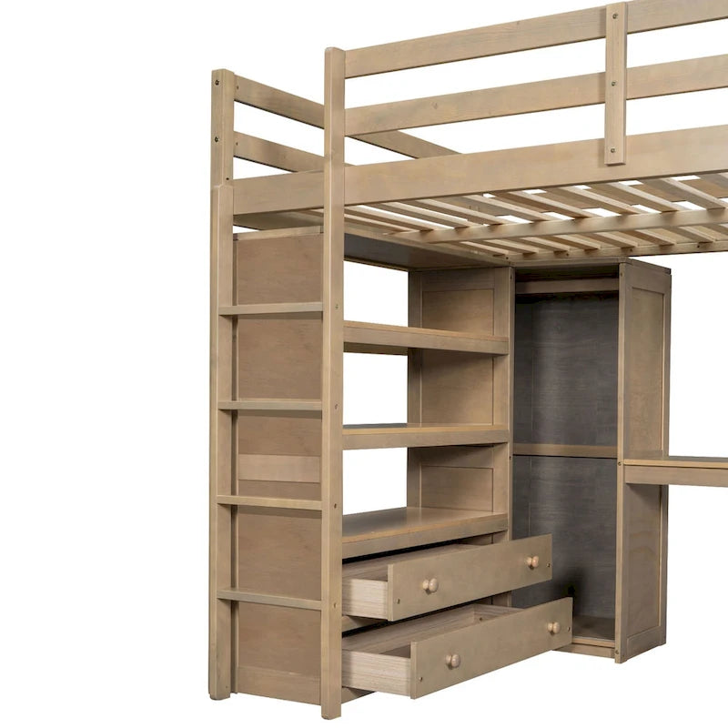 Wood Full Size Loft Bed with Built-in Wardrobe, Desk, Storage Shelves and Drawers