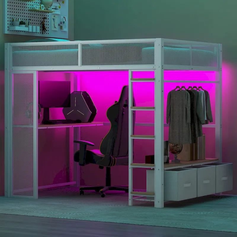 Full Size Metal Gaming Loft Bed with LED, Desk, Open Wardrobe and 3 Linen Storage Drawers