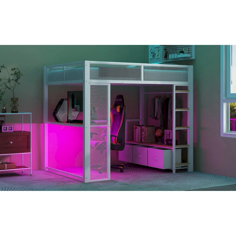 Full Size Metal Gaming Loft Bed with LED, Desk, Open Wardrobe and 3 Linen Storage Drawers