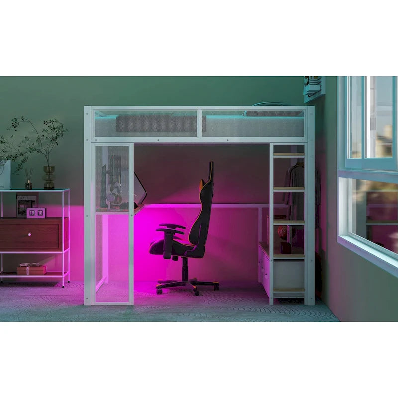 Full Size Metal Gaming Loft Bed with LED, Desk, Open Wardrobe and 3 Linen Storage Drawers