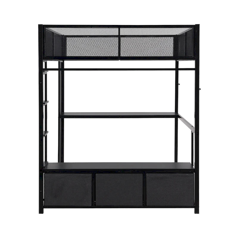 Full Size Metal Gaming Loft Bed with LED, Desk, Open Wardrobe and 3 Linen Storage Drawers