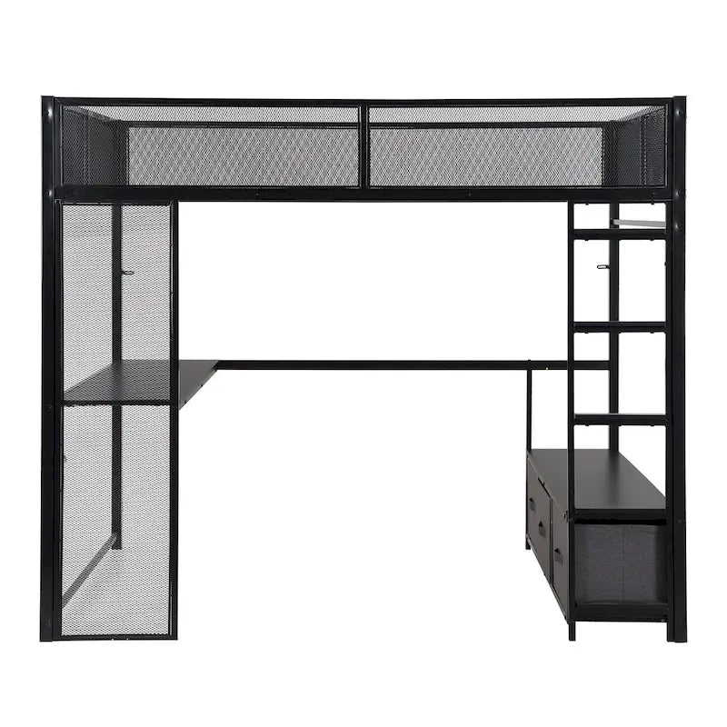 Full Size Metal Gaming Loft Bed with LED, Desk, Open Wardrobe and 3 Linen Storage Drawers