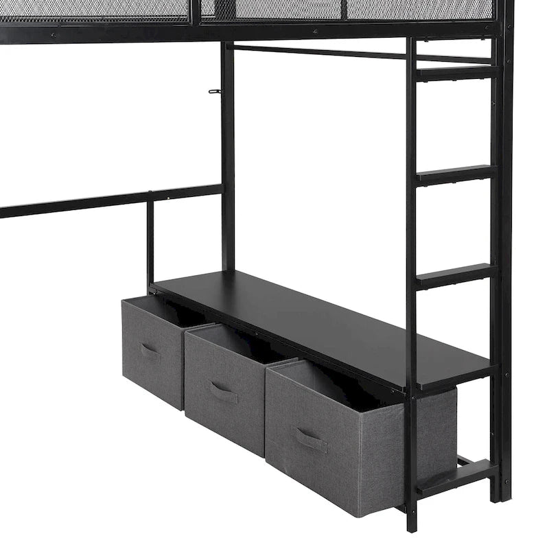 Full Size Metal Gaming Loft Bed with LED, Desk, Open Wardrobe and 3 Linen Storage Drawers