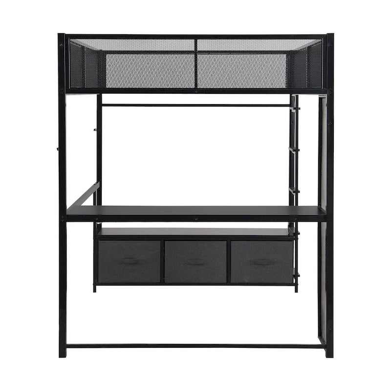 Full Size Metal Gaming Loft Bed with LED, Desk, Open Wardrobe and 3 Linen Storage Drawers