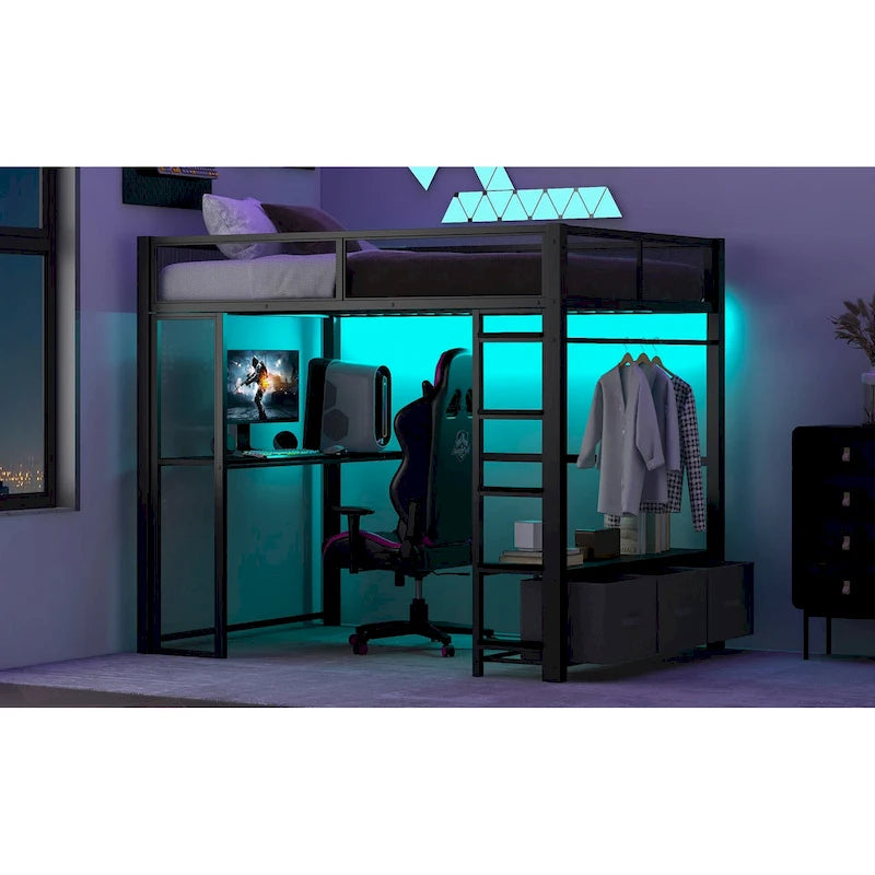 Full Size Metal Gaming Loft Bed with LED, Desk, Open Wardrobe and 3 Linen Storage Drawers