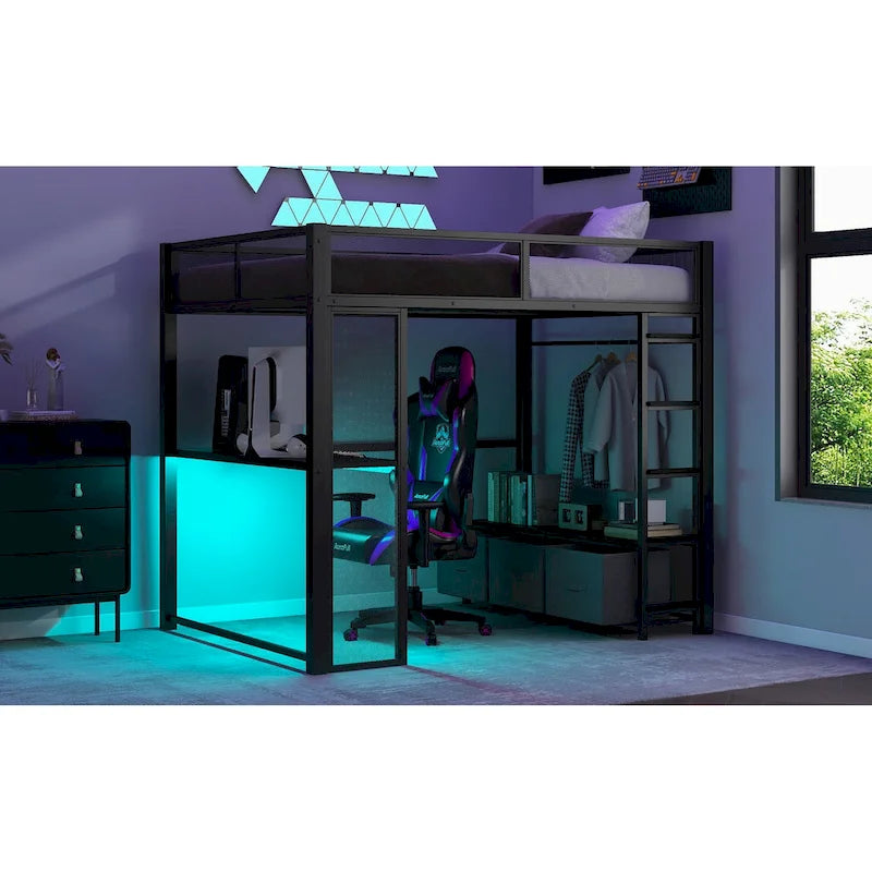 Full Size Metal Gaming Loft Bed with LED, Desk, Open Wardrobe and 3 Linen Storage Drawers