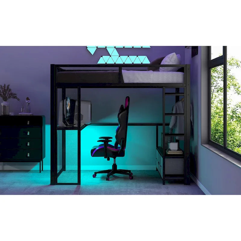 Full Size Metal Gaming Loft Bed with LED, Desk, Open Wardrobe and 3 Linen Storage Drawers