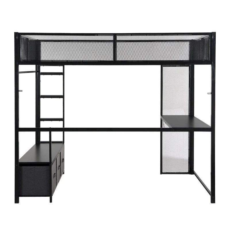 Full Size Metal Gaming Loft Bed with LED, Desk, Open Wardrobe and 3 Linen Storage Drawers