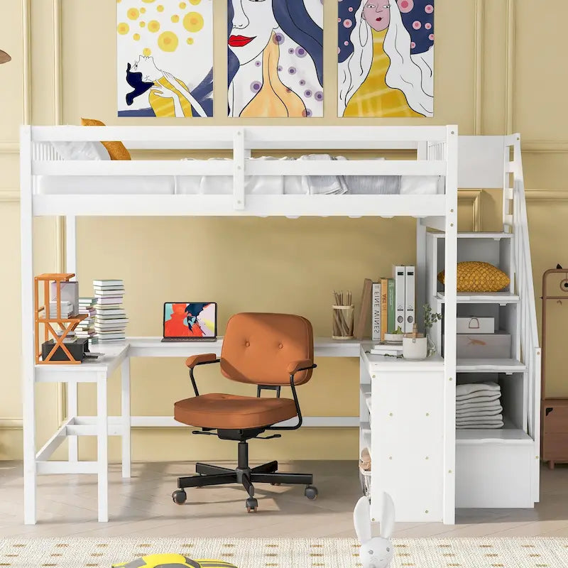 Full Size Loft Bed with Built-in L-Shaped Desk and Three-Tier Storage Shelves,and Attached Storage Staircase