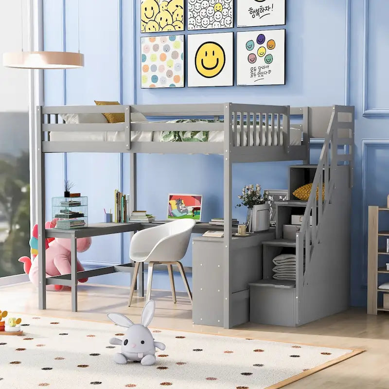 Full Size Loft Bed with Built-in L-Shaped Desk and Three-Tier Storage Shelves,and Attached Storage Staircase