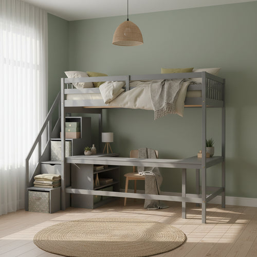 Full Size Loft Bed with Built-in L-Shaped Desk and Three-Tier Storage Shelves,and Attached Storage Staircase