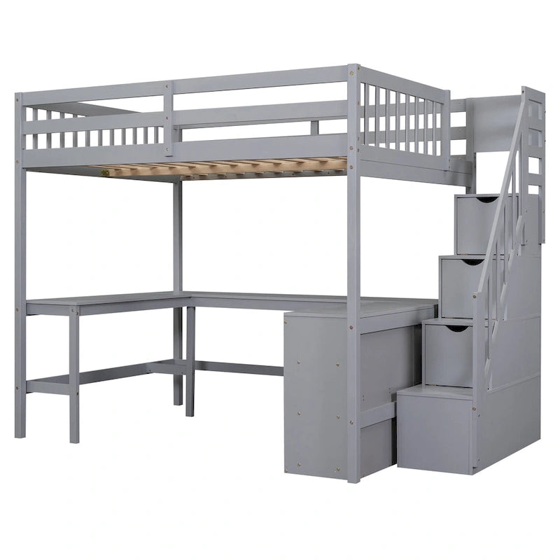 Full Size Loft Bed with Built-in L-Shaped Desk and Three-Tier Storage Shelves,and Attached Storage Staircase