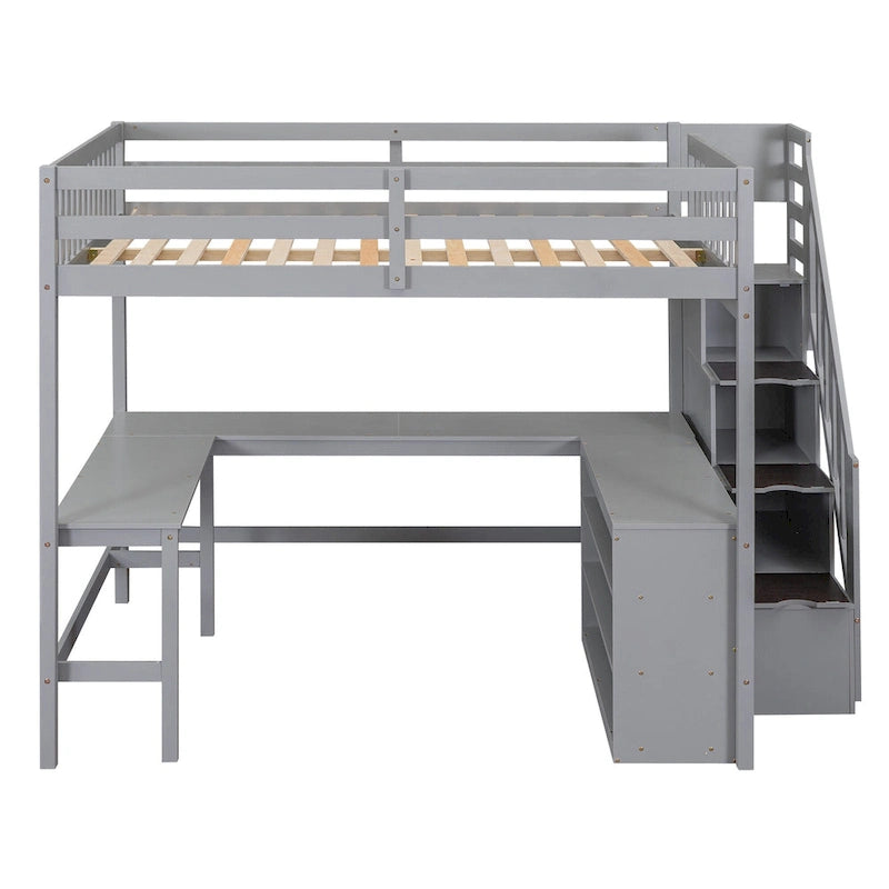 Full Size Loft Bed with Built-in L-Shaped Desk and Three-Tier Storage Shelves,and Attached Storage Staircase