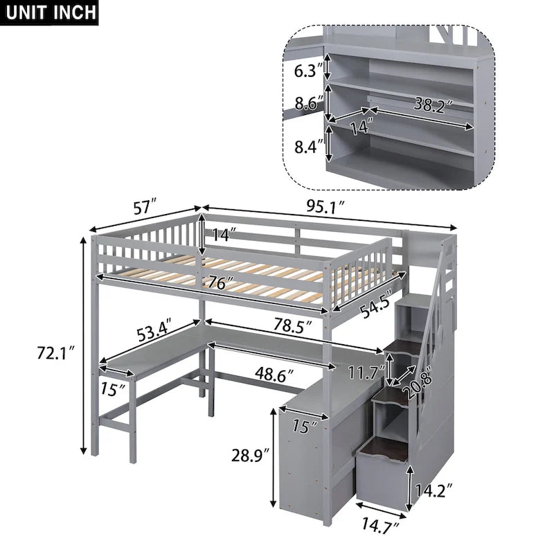 Full Size Loft Bed with Built-in L-Shaped Desk and Three-Tier Storage Shelves,and Attached Storage Staircase