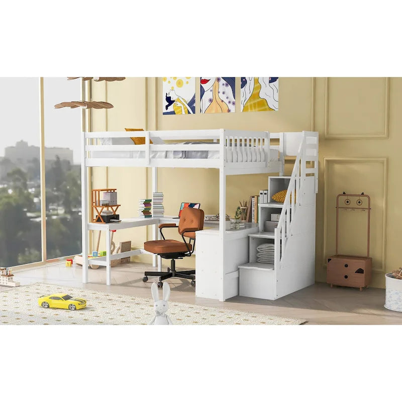 Full Size Loft Bed with Built-in L-Shaped Desk and Three-Tier Storage Shelves,and Attached Storage Staircase