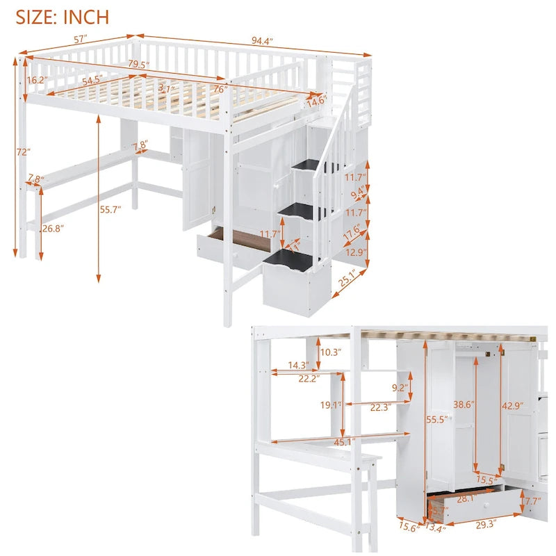 Full size Loft Bed with Bookshelf,Drawers,Desk,and Wardrobe