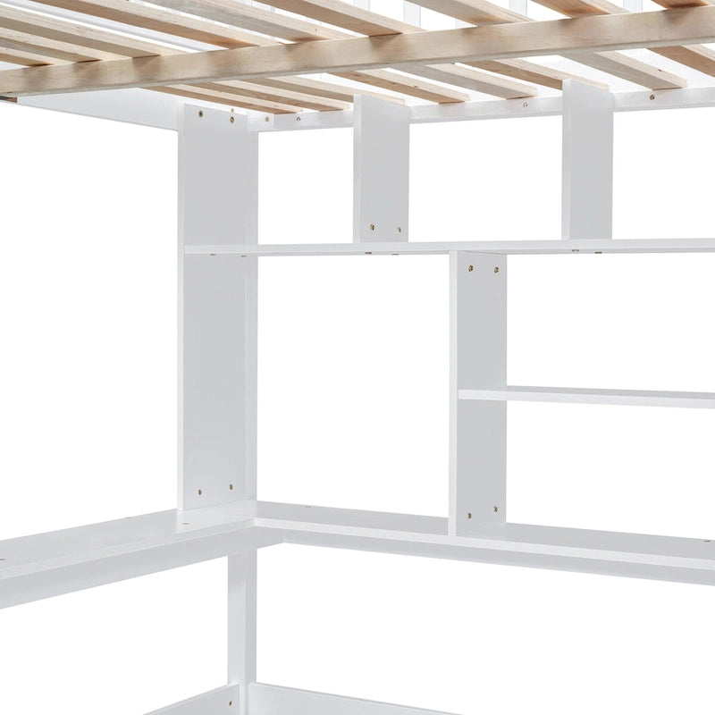 Full size Loft Bed with Bookshelf,Drawers,Desk,and Wardrobe