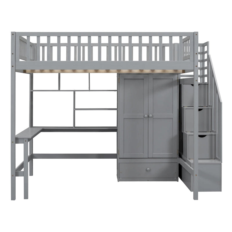 Full size Loft Bed with Bookshelf,Drawers,Desk,and Wardrobe