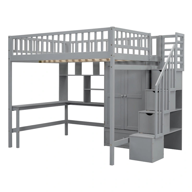 Full size Loft Bed with Bookshelf,Drawers,Desk,and Wardrobe