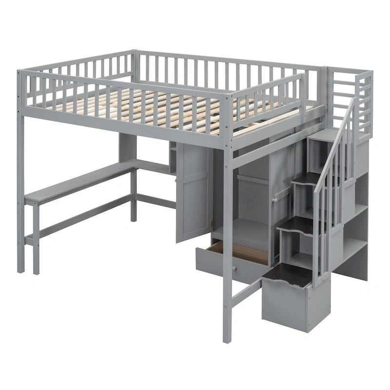 Full size Loft Bed with Bookshelf,Drawers,Desk,and Wardrobe