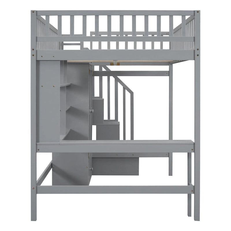 Full size Loft Bed with Bookshelf,Drawers,Desk,and Wardrobe