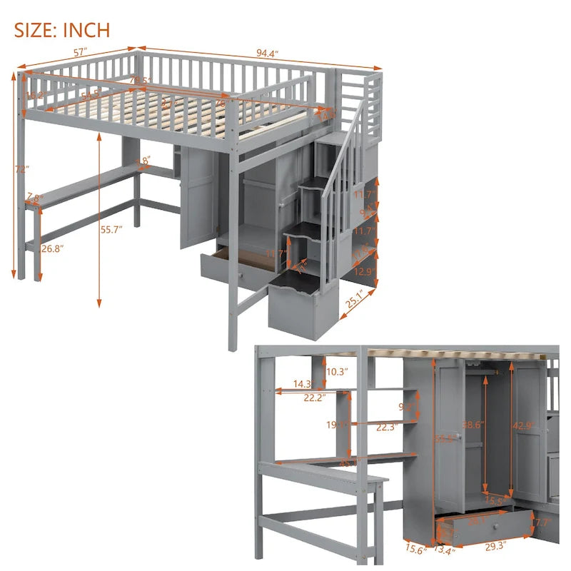 Full size Loft Bed with Bookshelf,Drawers,Desk,and Wardrobe