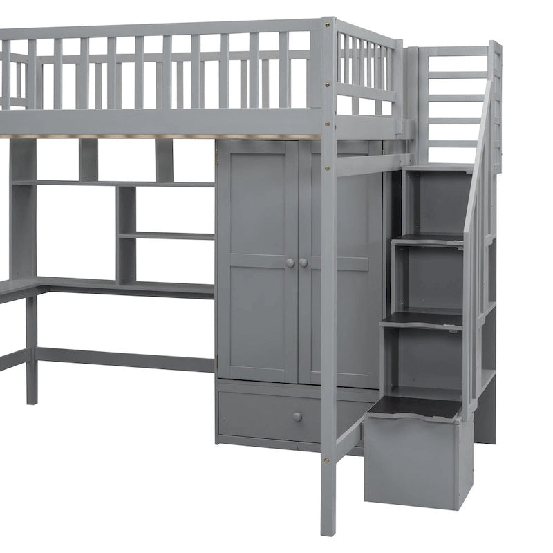 Full size Loft Bed with Bookshelf,Drawers,Desk,and Wardrobe